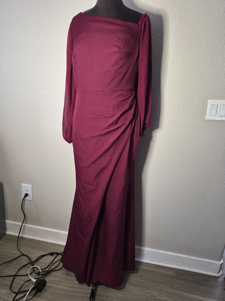 Mondressy Womens Burgundy Crepe Faux Wrap Long Evening Dress Wedding Guest Nwt — image 2 of 8